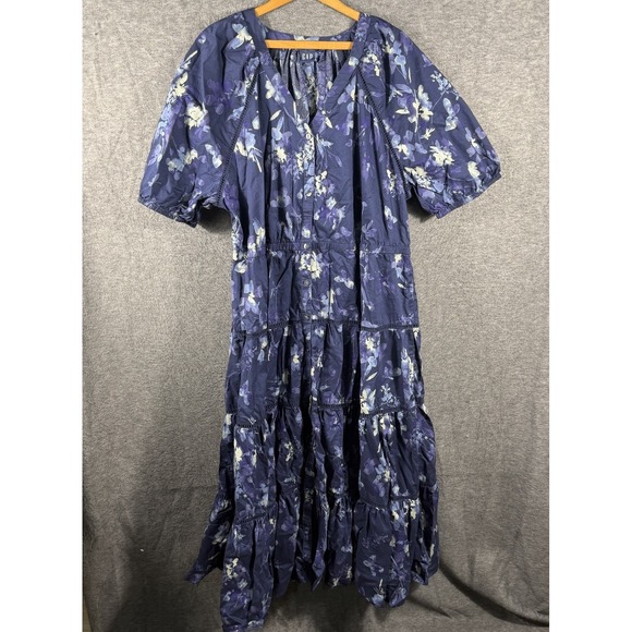 GAP Dresses & Skirts - GAP Women's Navy Floral Puff Sleeve Button Up Tiered Maxi Dress 💯 Cotton 2XL